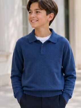 Alan Flusser 100% Merino Wool Blue Polo Sweater – Shrunken Fit